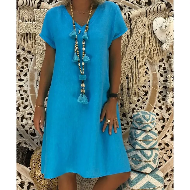 🔥49%- Cotton-Polyester Blend Dresses Casual V Neck Midi Dress🔥
