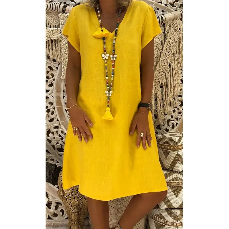 🔥49%- Cotton-Polyester Blend Dresses Casual V Neck Midi Dress🔥