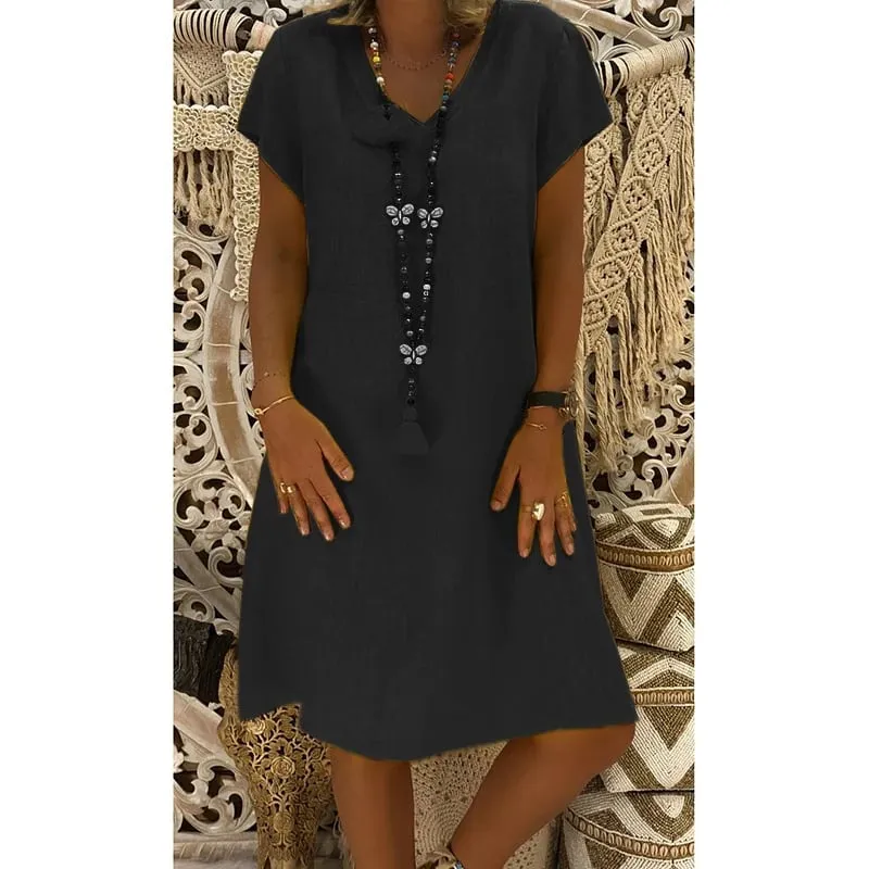 🔥49%- Cotton-Polyester Blend Dresses Casual V Neck Midi Dress🔥