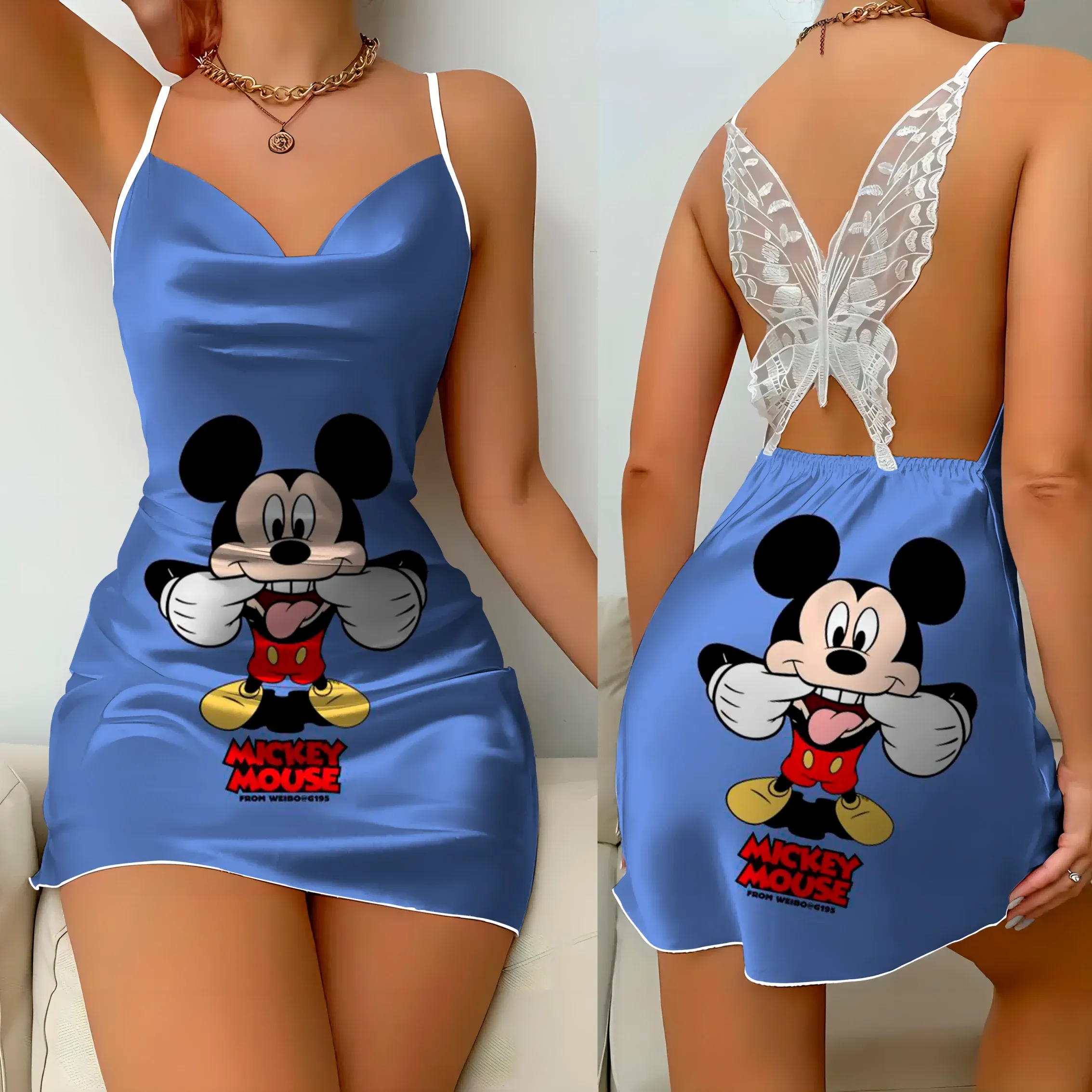 Backless Dress Sexy Satin Minnie Mouse Bow Knot Mini Summer