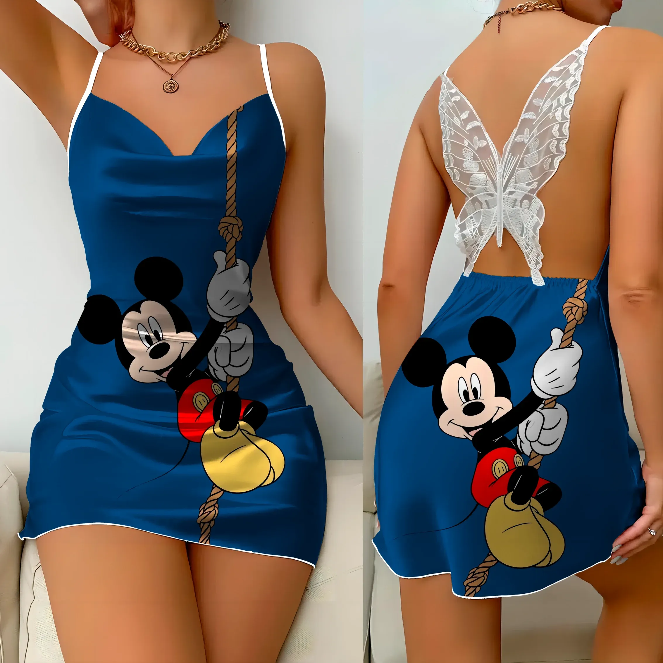 Backless Dress Sexy Satin Minnie Mouse Bow Knot Mini Summer