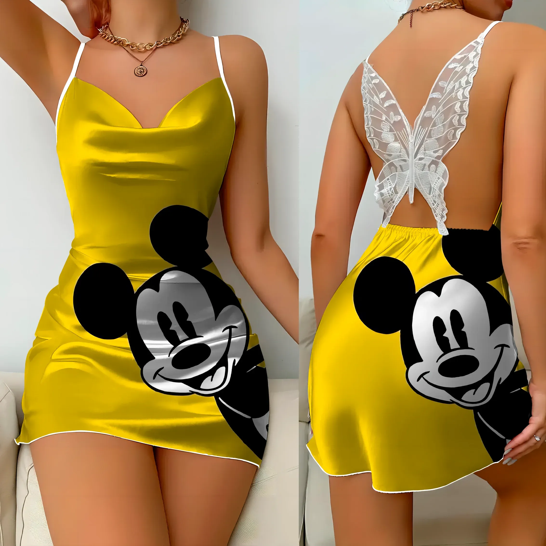 Backless Dress Sexy Satin Minnie Mouse Bow Knot Mini Summer