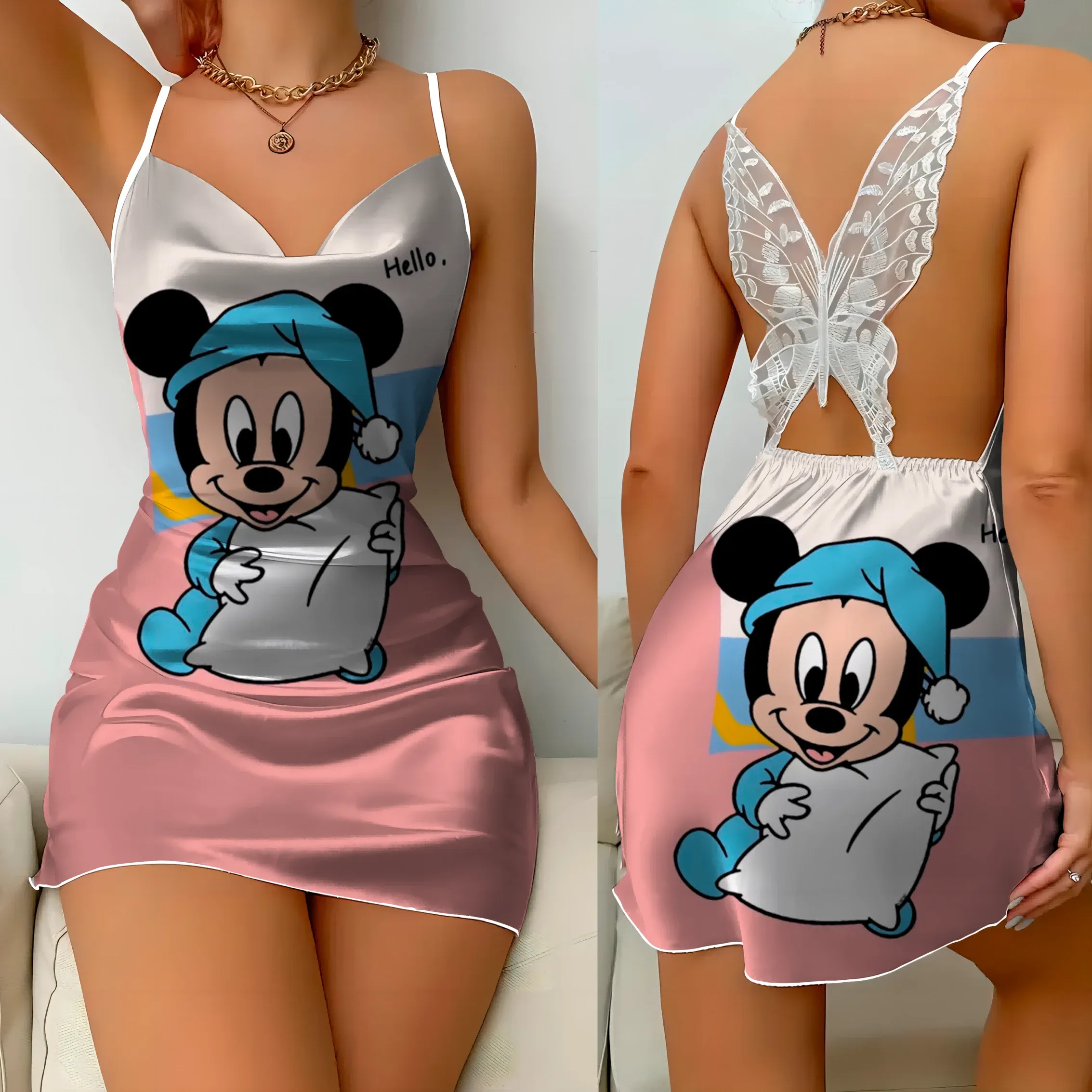 Backless Dress Sexy Satin Minnie Mouse Bow Knot Mini Summer