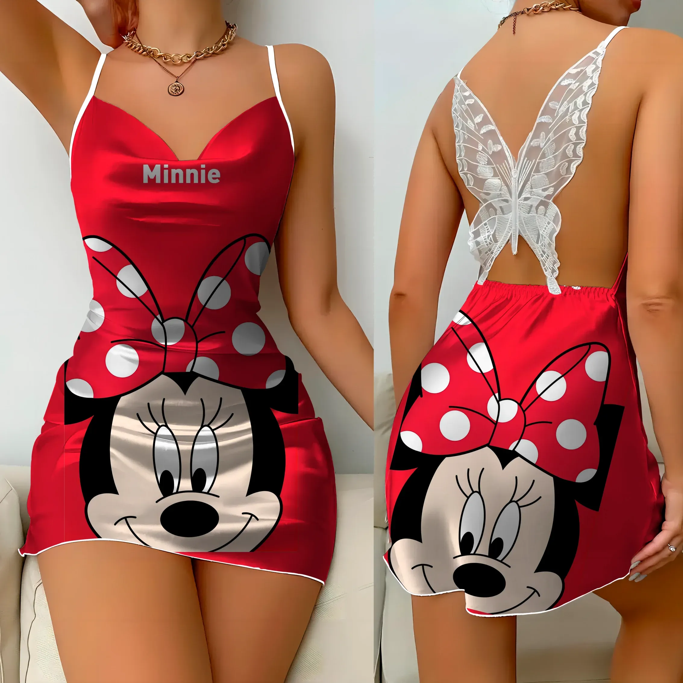 Backless Dress Sexy Satin Minnie Mouse Bow Knot Mini Summer