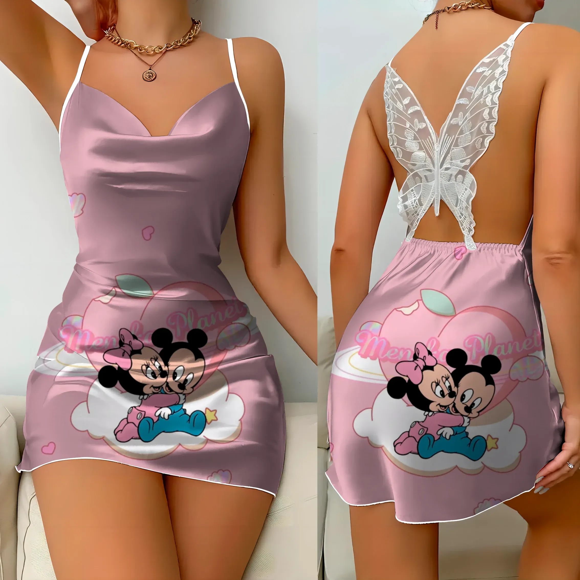 Backless Dress Sexy Satin Minnie Mouse Bow Knot Mini Summer