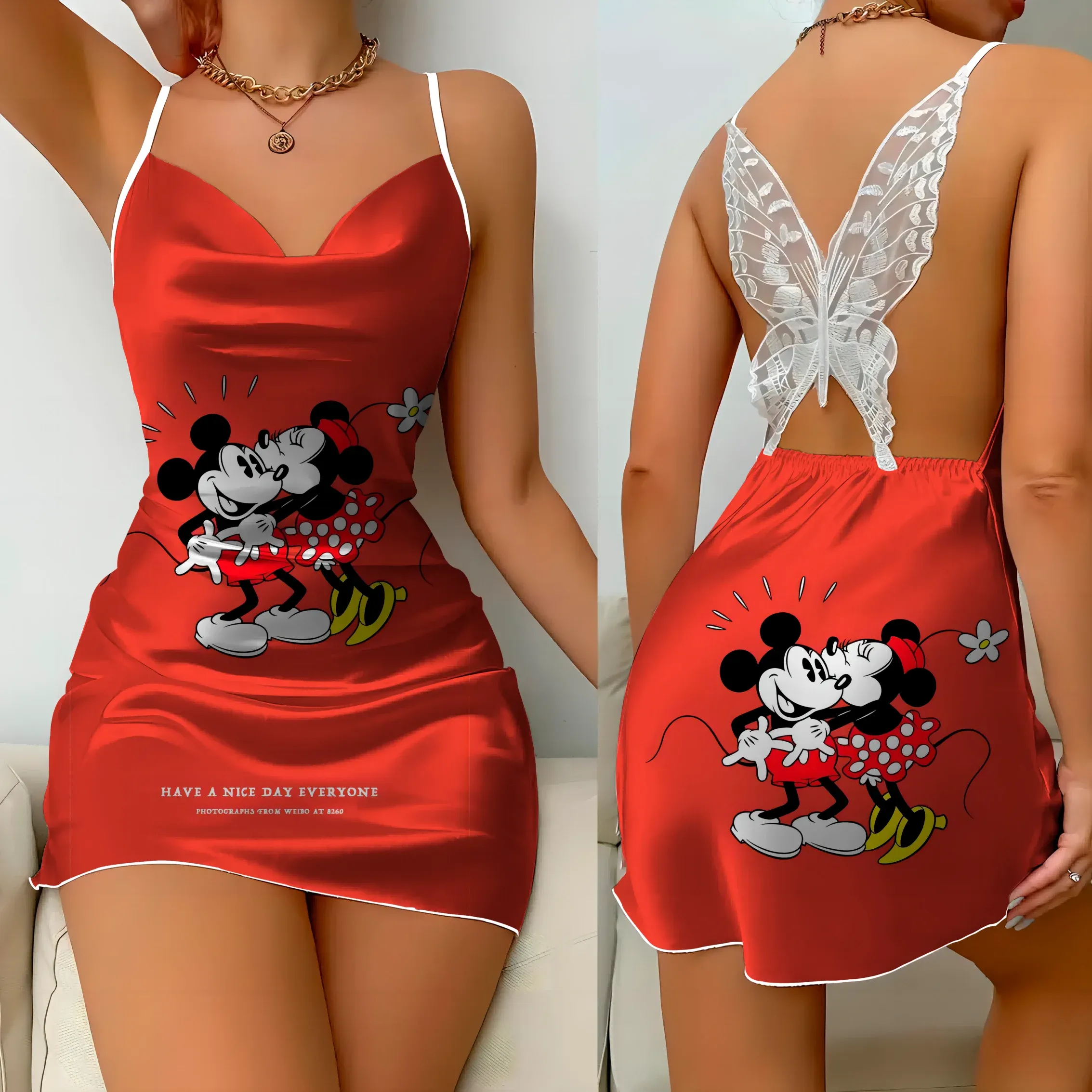 Backless Dress Sexy Satin Minnie Mouse Bow Knot Mini Summer