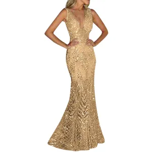 Clearance! Hontri Formal Dresses for Women Womens Evening Dress Gold Prom Dress Bling Sequined Ladies Long Sleeveless Formal Wear Gowns Wedding Guest Dresses for Women Gold,L