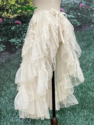 Cyflymder Gothic Lolita Lace Mesh Ruffles Fairy Princess Party Skirt Women Asymmetrical Cute Curtain Sheer Cover Up Thin Long Skirt White