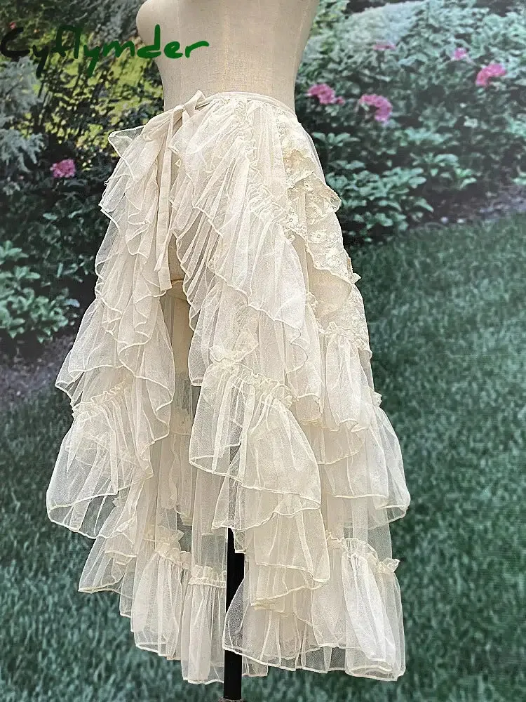 Cyflymder Gothic Lolita Lace Mesh Ruffles Fairy Princess Party Skirt Women Asymmetrical Cute Curtain Sheer Cover Up Thin Long Skirt White