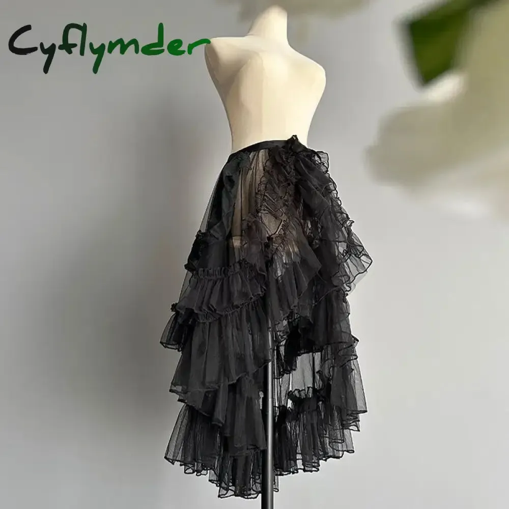 Cyflymder Gothic Lolita Lace Mesh Ruffles Fairy Princess Party Skirt Women Asymmetrical Cute Curtain Sheer Cover Up Thin Long Skirt White