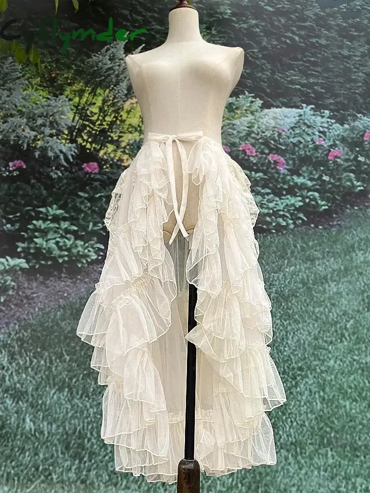 Cyflymder Gothic Lolita Lace Mesh Ruffles Fairy Princess Party Skirt Women Asymmetrical Cute Curtain Sheer Cover Up Thin Long Skirt White