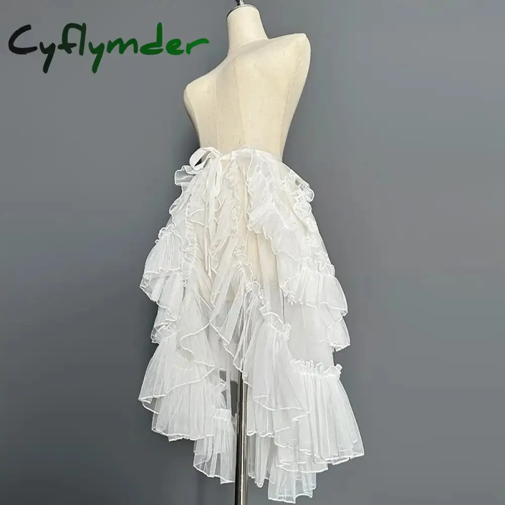 Cyflymder Gothic Lolita Lace Mesh Ruffles Fairy Princess Party Skirt Women Asymmetrical Cute Curtain Sheer Cover Up Thin Long Skirt White