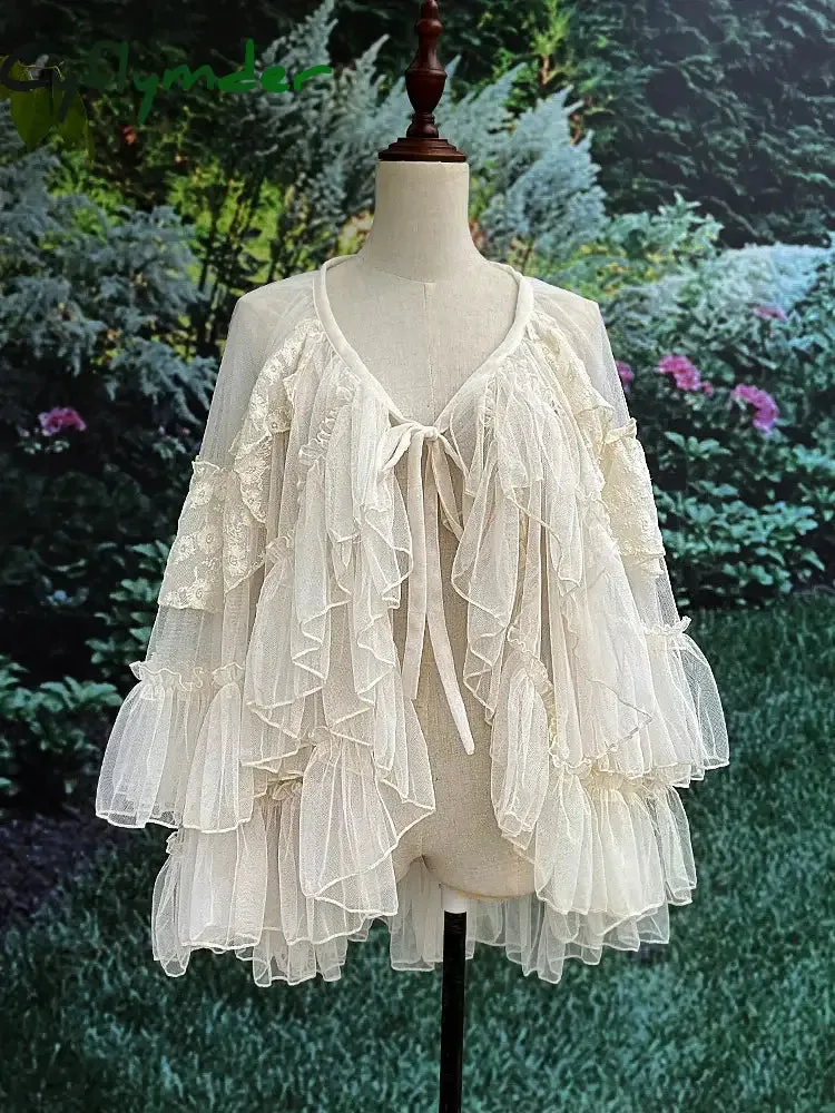 Cyflymder Gothic Lolita Lace Mesh Ruffles Fairy Princess Party Skirt Women Asymmetrical Cute Curtain Sheer Cover Up Thin Long Skirt White