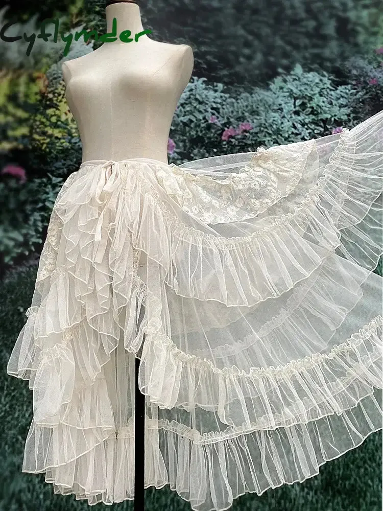 Cyflymder Gothic Lolita Lace Mesh Ruffles Fairy Princess Party Skirt Women Asymmetrical Cute Curtain Sheer Cover Up Thin Long Skirt White