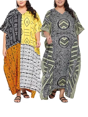 Ladies Geometric Multi Print V-Neck Kaftan Maxi Summer Dress