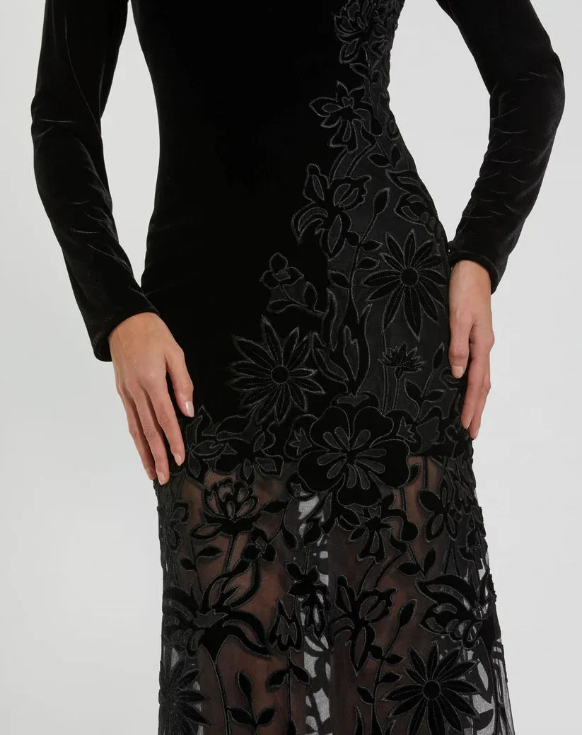 Long Sleeve Sheer Floral Embroidered Velvet Gown - Mac Duggal 20756