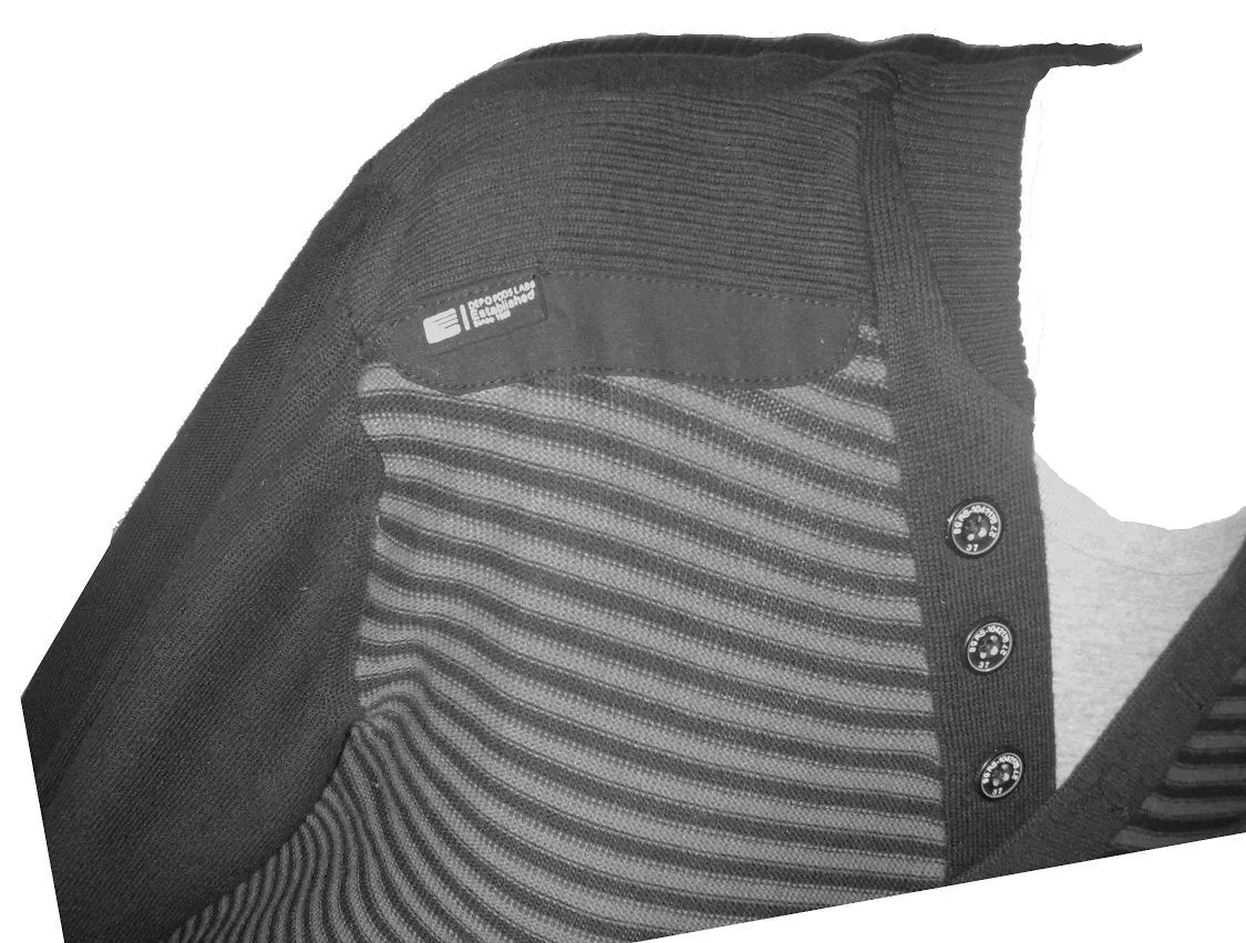 Mens Black & Grey Twin Effect Shoulder Patch V Neck Striped Knitted Jumper