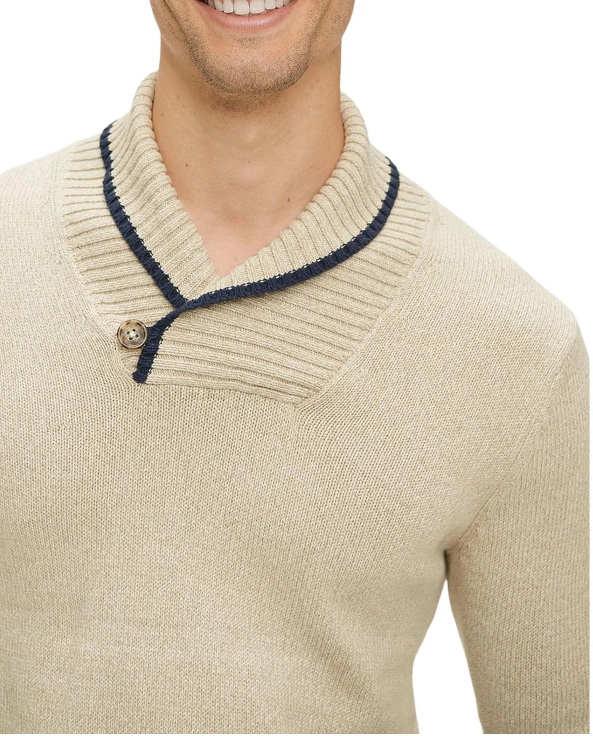 Mens Ecru Ribbed Buttoned Contrast Trim Shawl Neck Knitted Jumpers