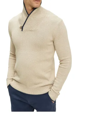 Mens Ecru Ribbed Buttoned Contrast Trim Shawl Neck Knitted Jumpers