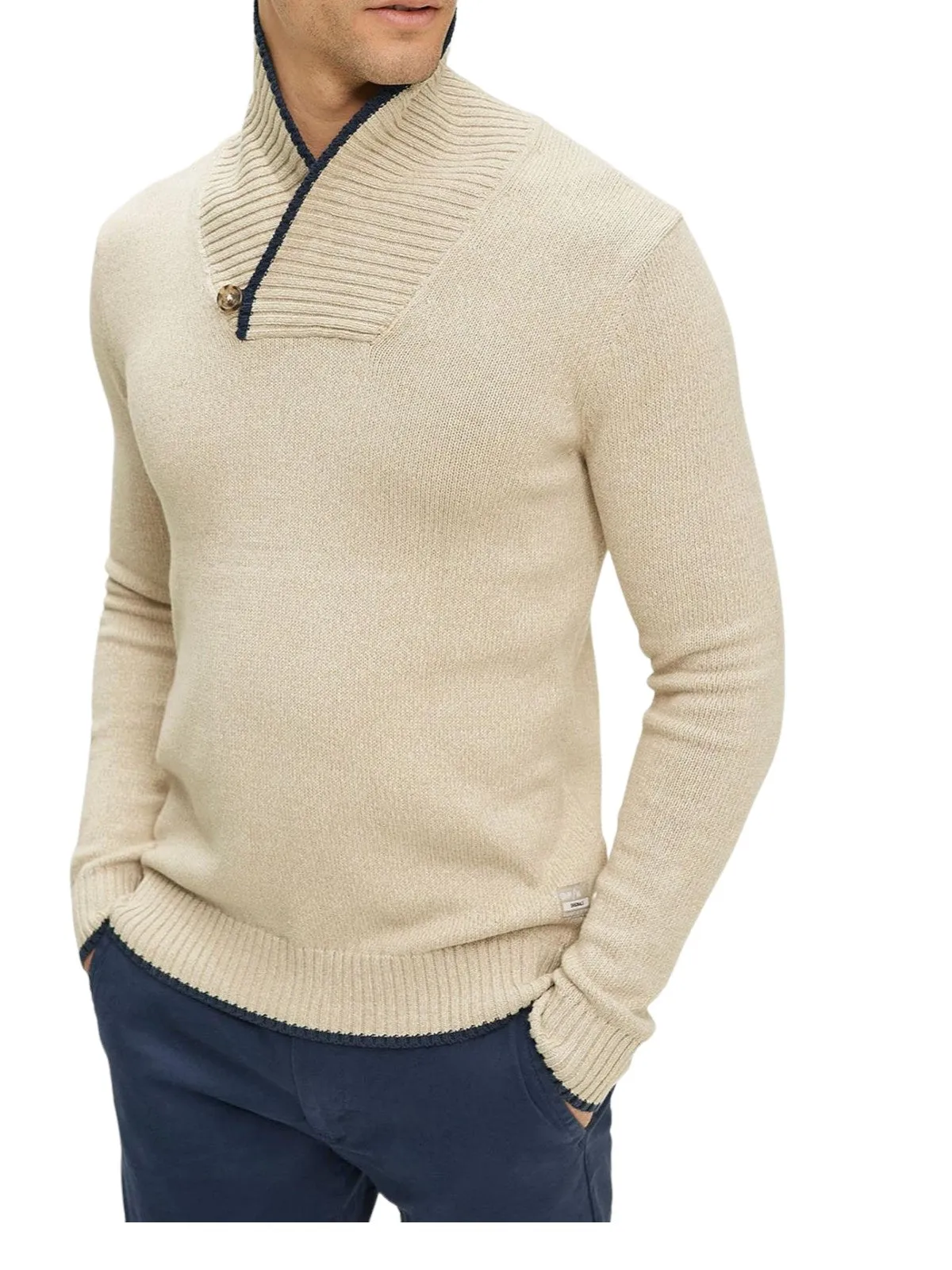 Mens Ecru Ribbed Buttoned Contrast Trim Shawl Neck Knitted Jumpers