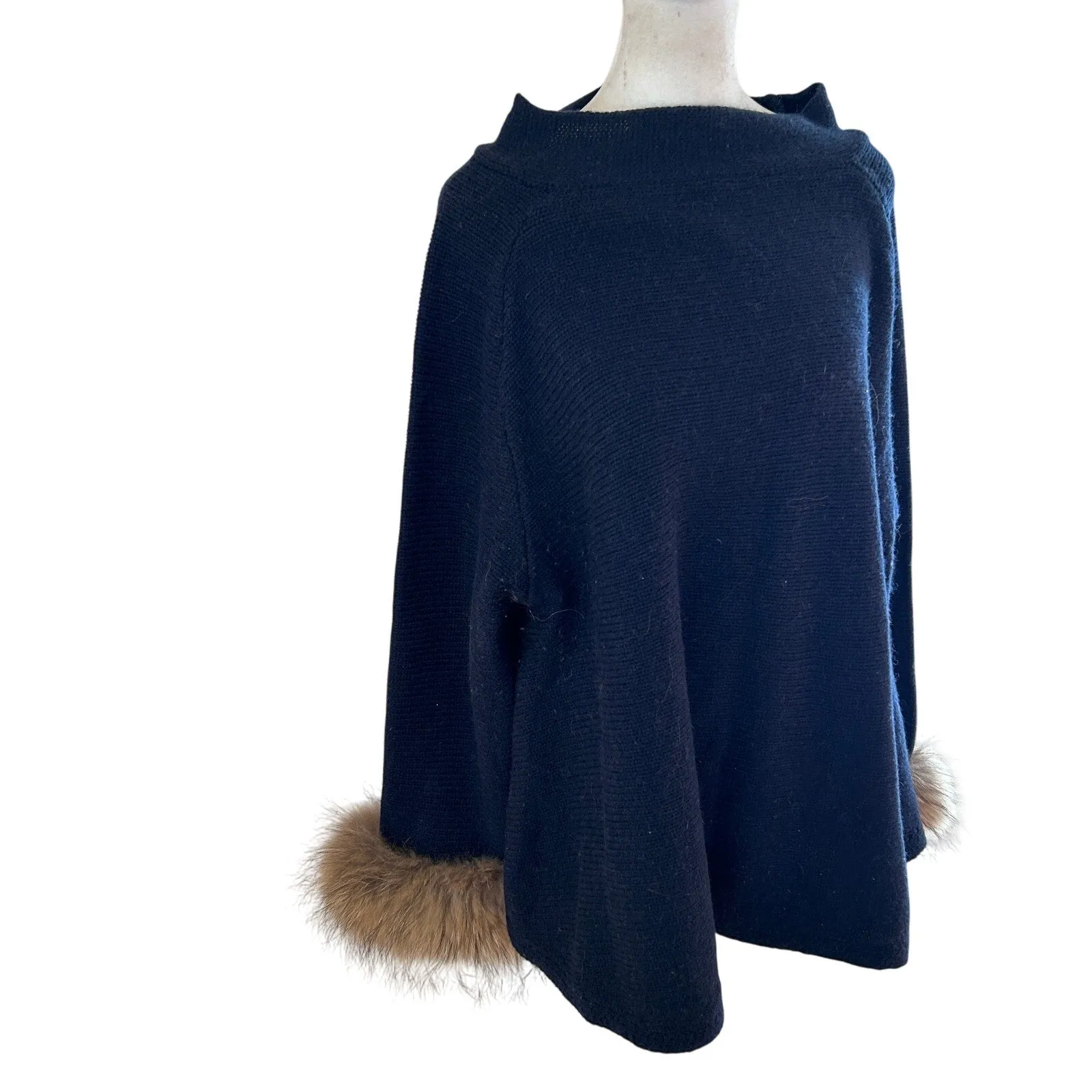 Muche et Muchette Navy Blue Turtleneck Sweater Raccoon Fur Cuffs Womens One Size