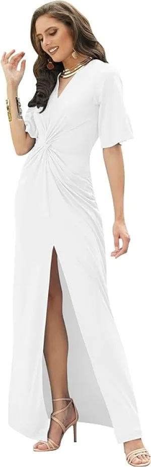 NEW Retails $80 koh koh Womens Long Short Sleeve V-Neck Sexy Slimming Casual Summer Maxi Dress White Sz 2X