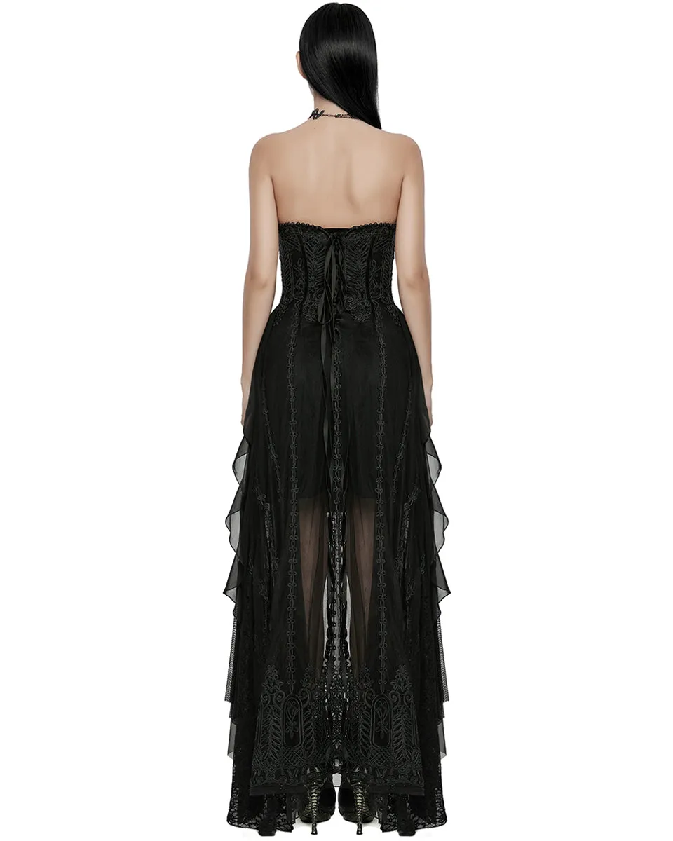 Punk Rave Womens Long Gothic Mesh Strapless Dress With Embroidered Lace