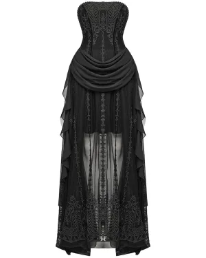 Punk Rave Womens Long Gothic Mesh Strapless Dress With Embroidered Lace