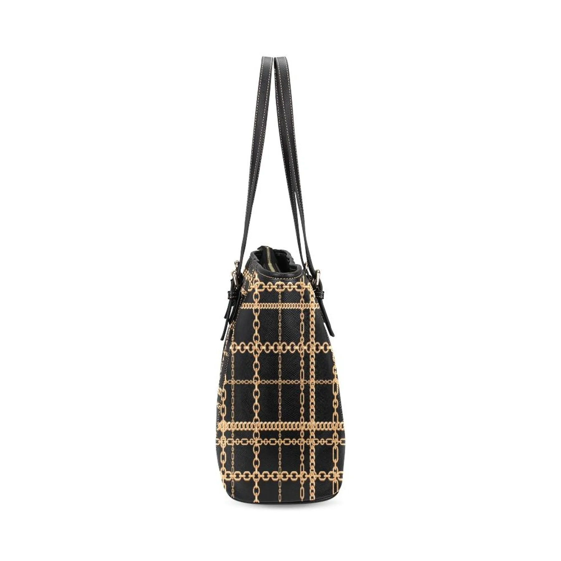 Shoulder Tote Bag, Black And Gold Chain Link Style Leather Tote Bag