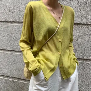 Women's Korean Long Sleeve Cardigan, Summer Cropped V-Neck Knitted Ice Silk Sweaters, Sunscreen Shirt Tops